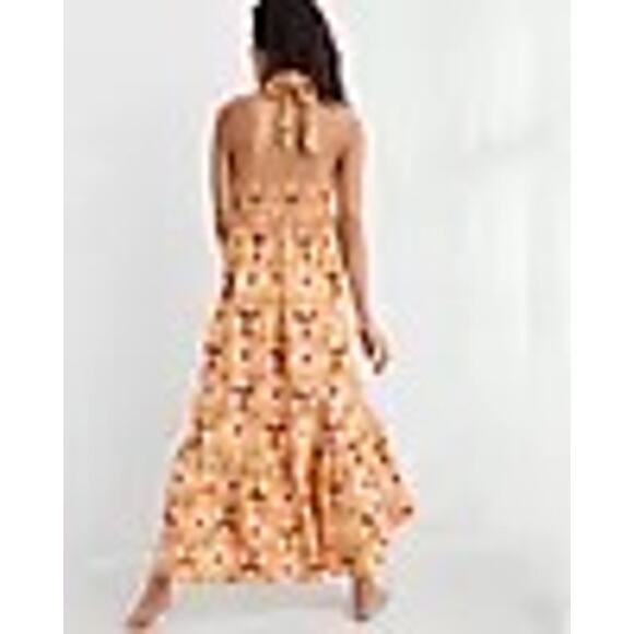 NWT Aerie High Low Halter Maxi Sundress Mustard Yellow Batik Linen Size XL - Picture 3 of 5